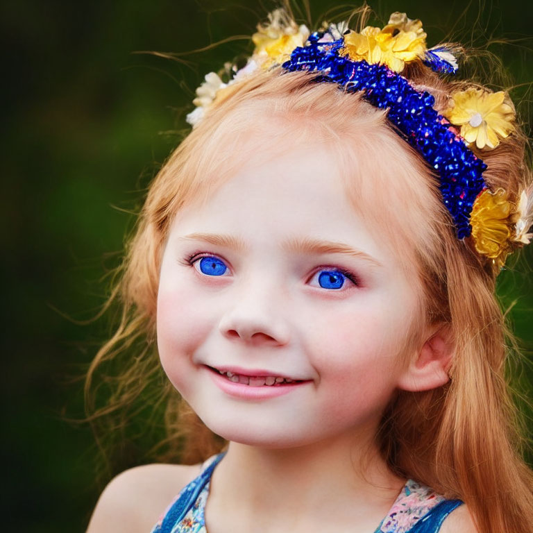 Young girl with blue eyes and red hair in floral headband smiling against green background