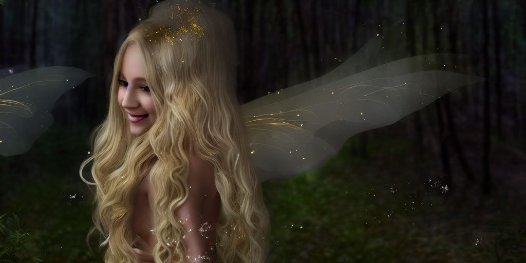 Blonde fairy woman with translucent wings in misty forest