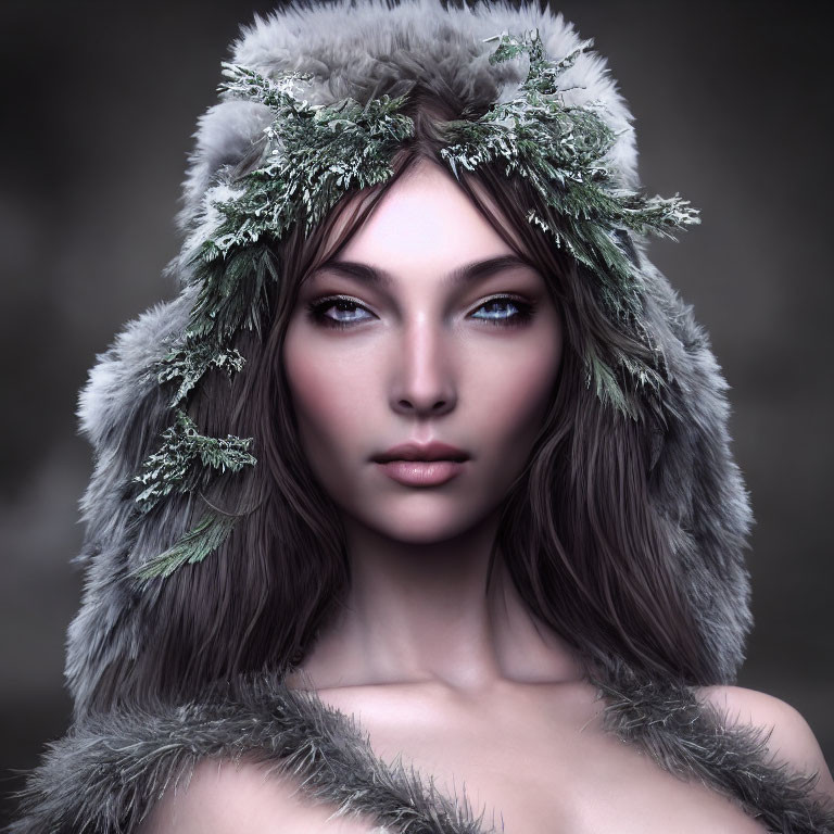 Woman with Striking Blue Eyes in Winter-themed Fur Hood