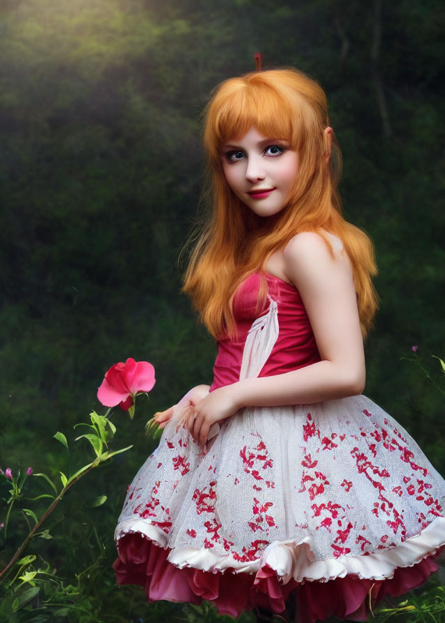 Red-haired woman in pink and white dress near flower in green environment