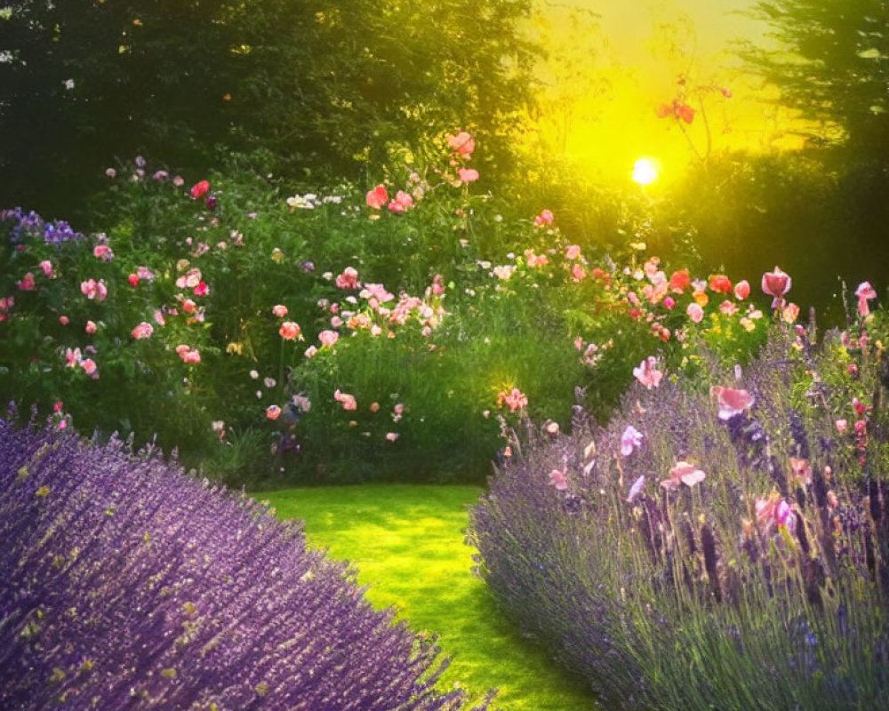 Colorful garden scene: lavender, flowers, sun, trees