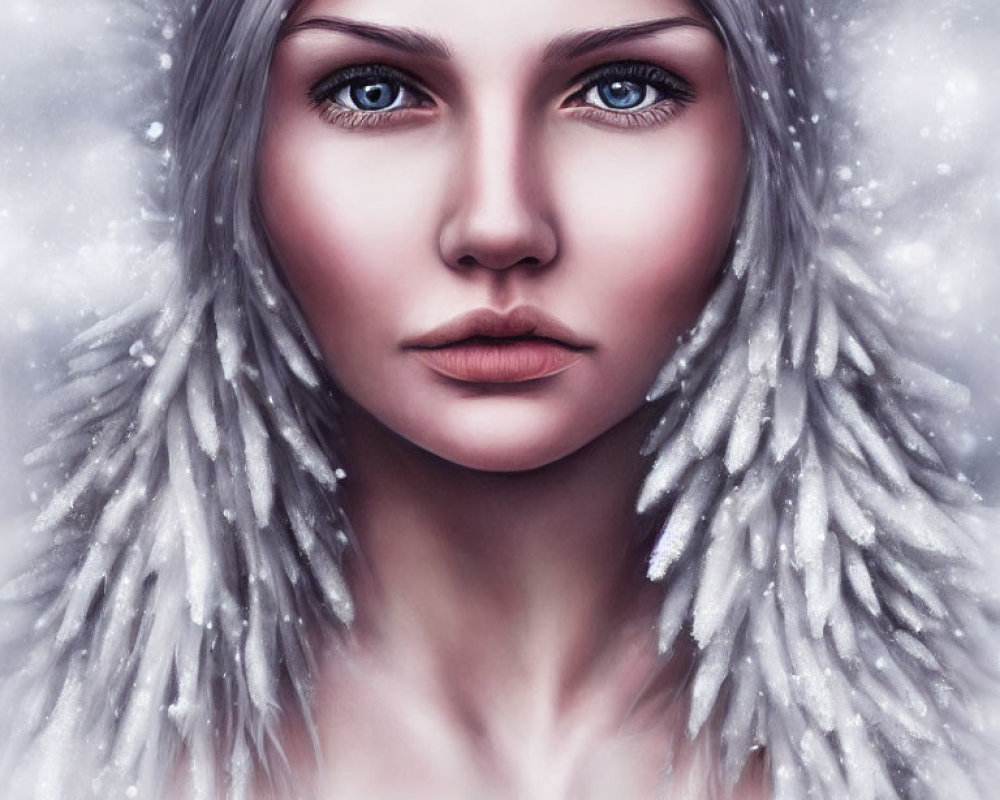 Portrait of Woman with Piercing Blue Eyes in Snowy White Fur Hood