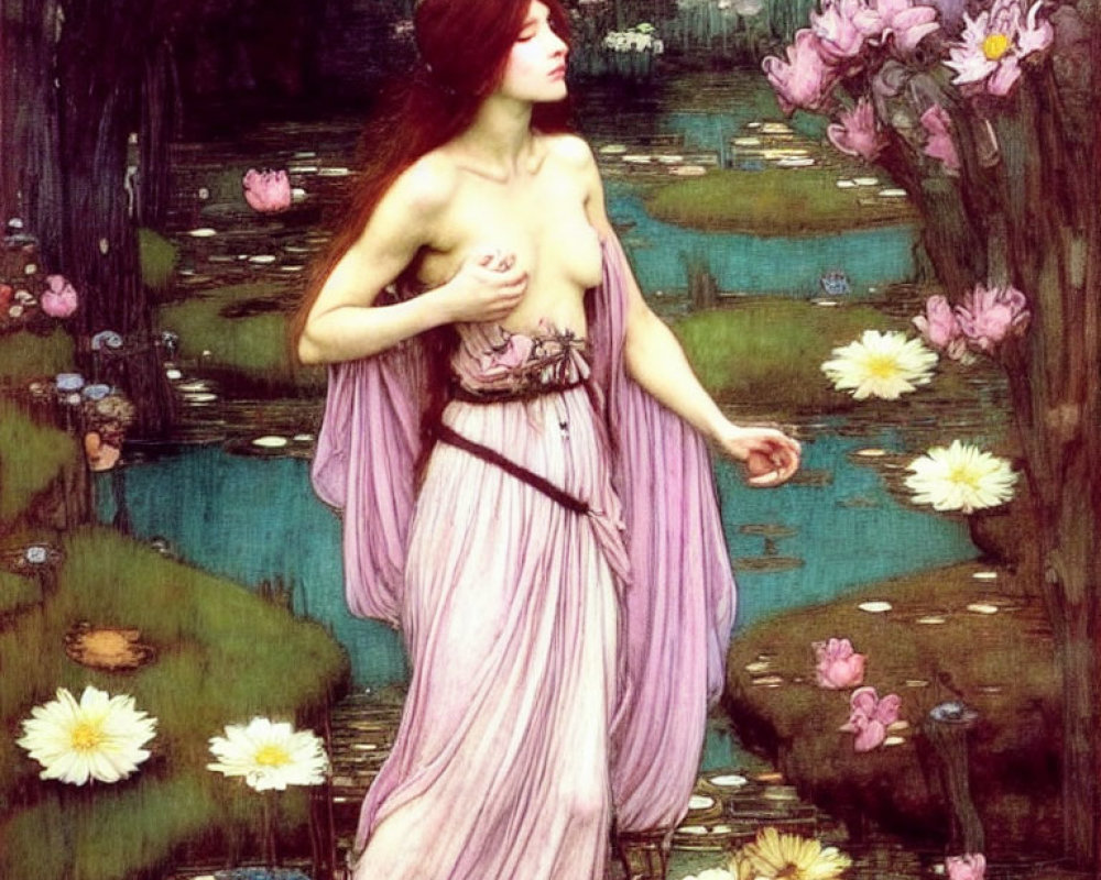 Pre-Raphaelite Style Painting of Woman in Pink Dress by Waterlily Pond