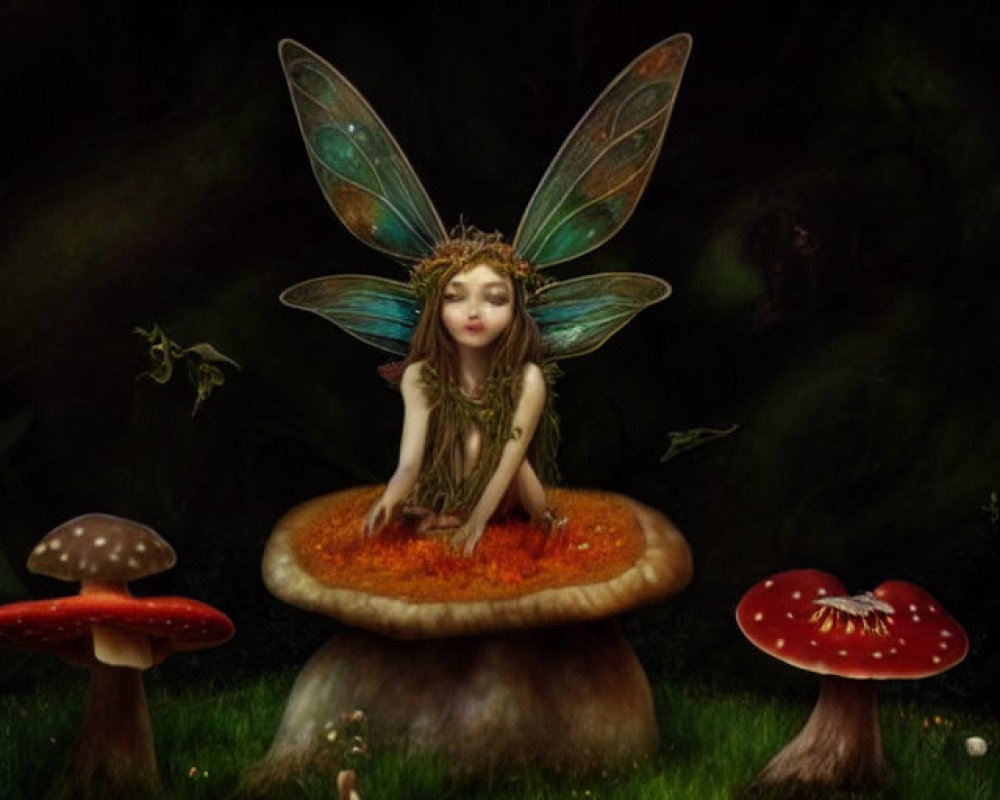 Mystical fairy with delicate wings on large mushroom in enchanting forest