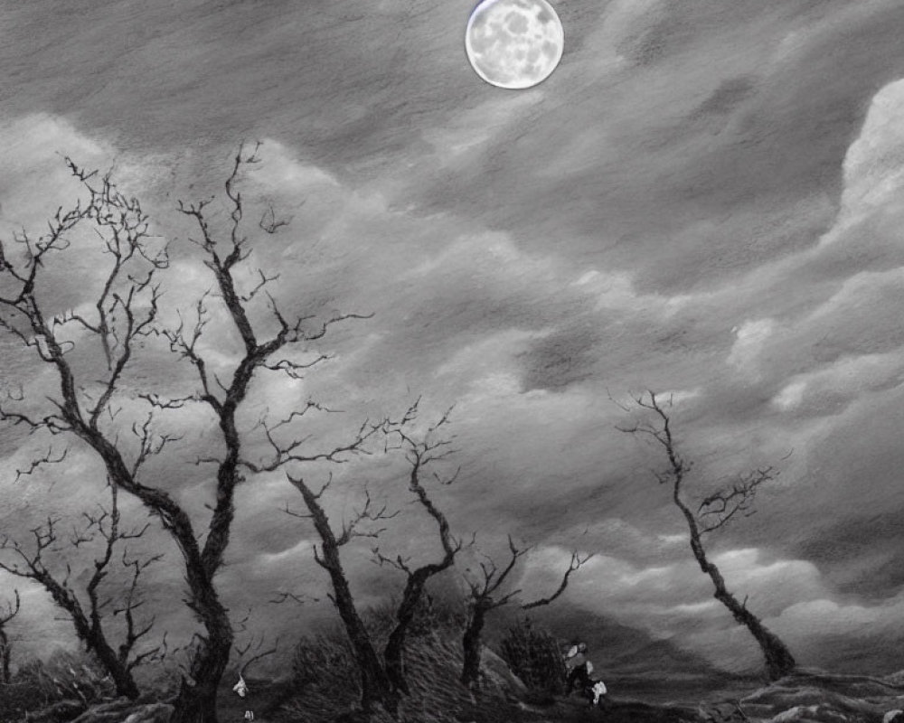 Monochrome night scene with twisted trees, full moon, and figure walking.