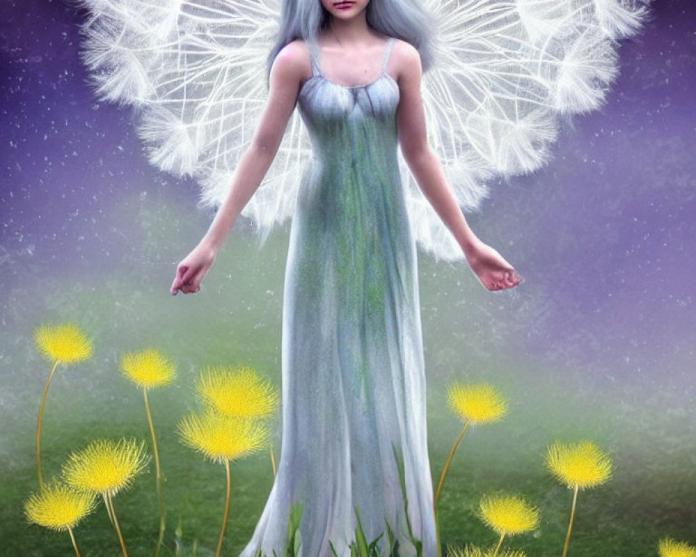 Woman with Dandelion-like Wings in Pastel Gown Soaring Over Field