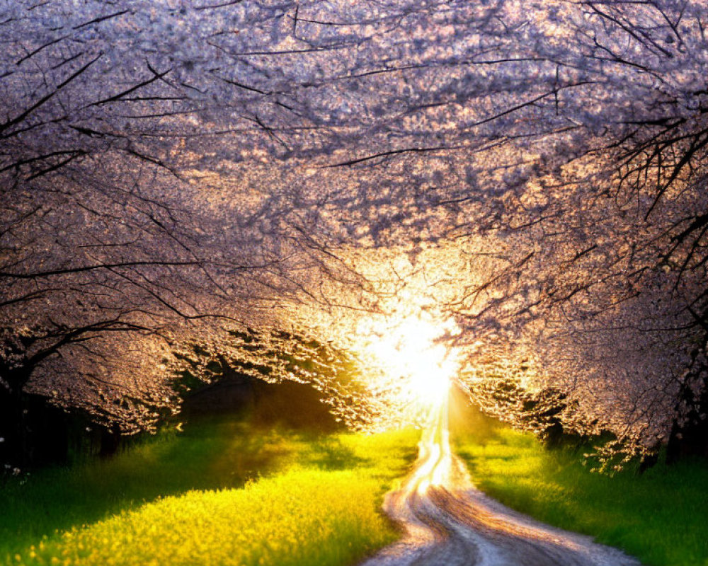 Scenic dirt path surrounded by cherry blossoms and wildflowers