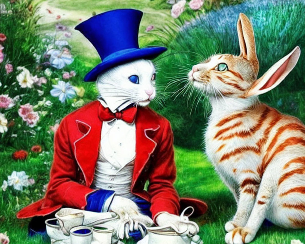 Illustration of human-sized rabbit pouring tea beside curious cat in garden