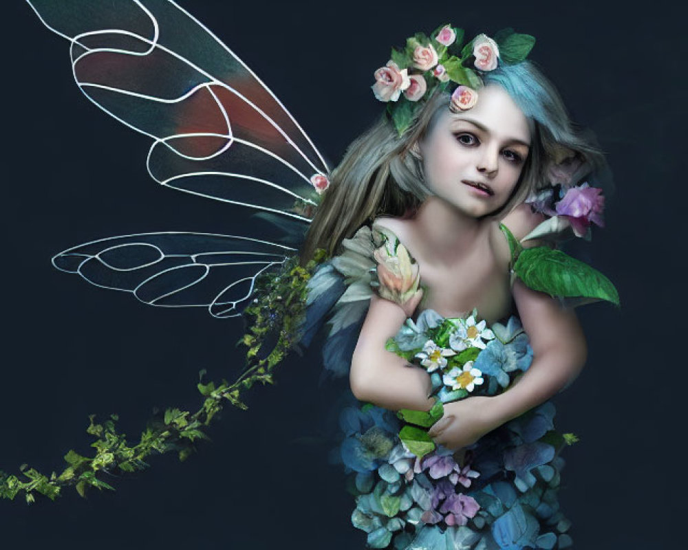 Young girl with fairy wings and floral hair, wearing leafy outfit on dark background