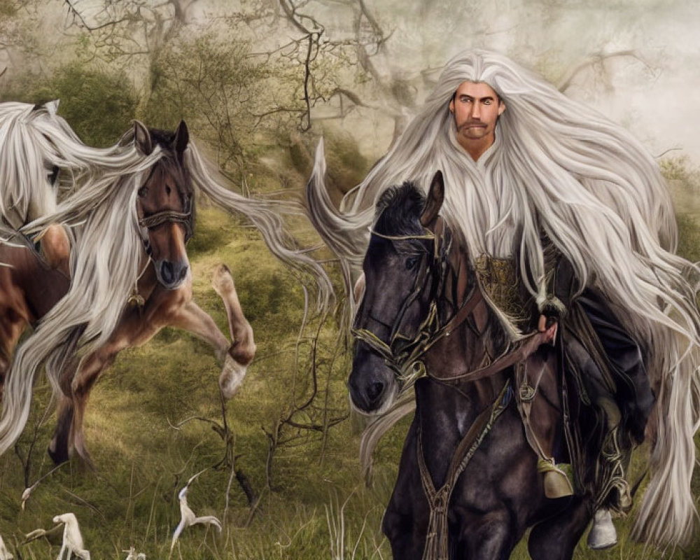 Illustration of man with white hair next to black horse in misty forest.