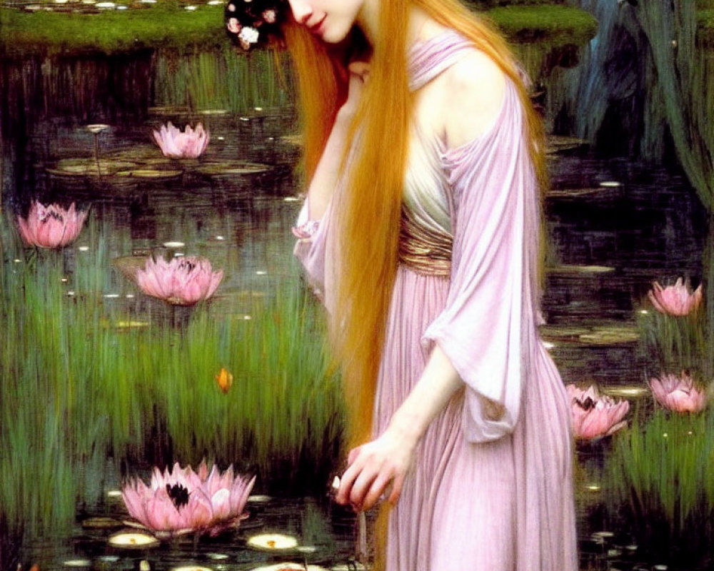 Red-haired woman by lotus pond in lilac gown with flowers in hair