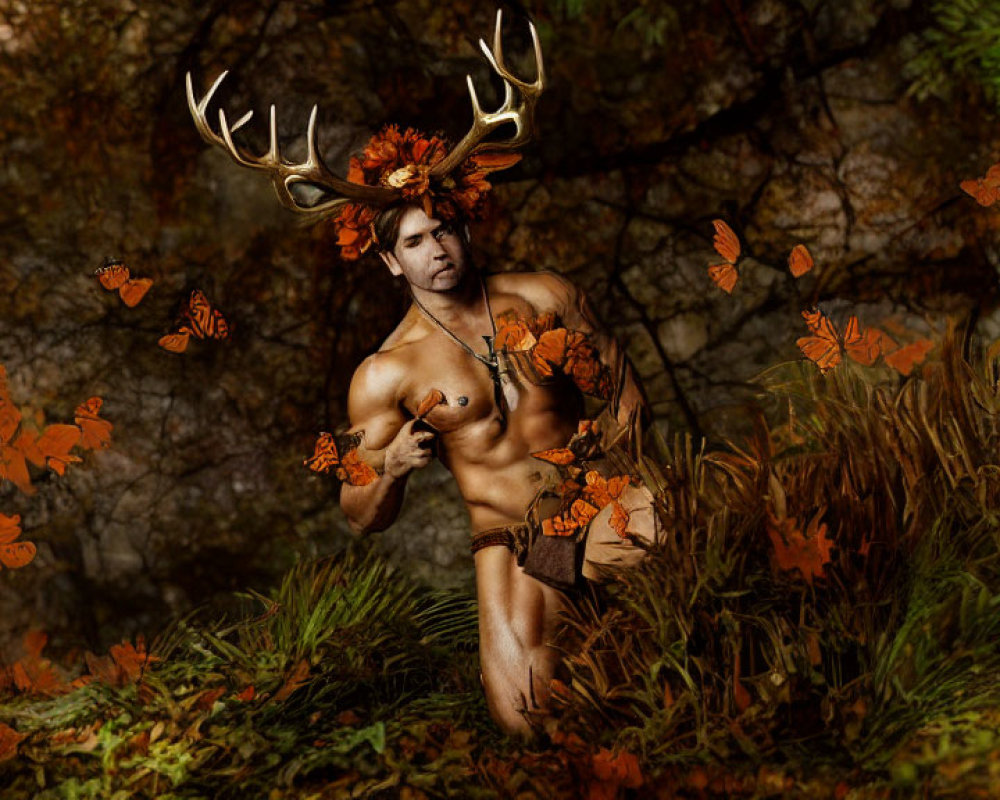 Person with Antlers and Autumn Leaves in Hair Standing in Forest with Falling Orange Leaves