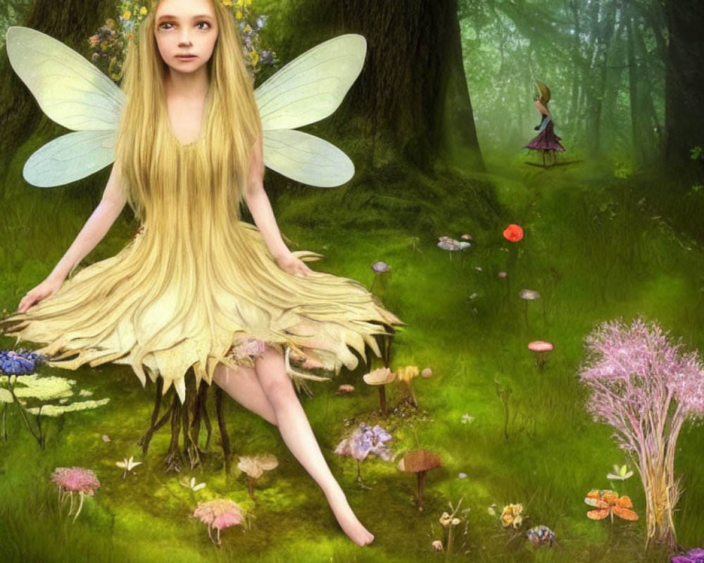 Digital artwork: Fairy with translucent wings in mystical forest