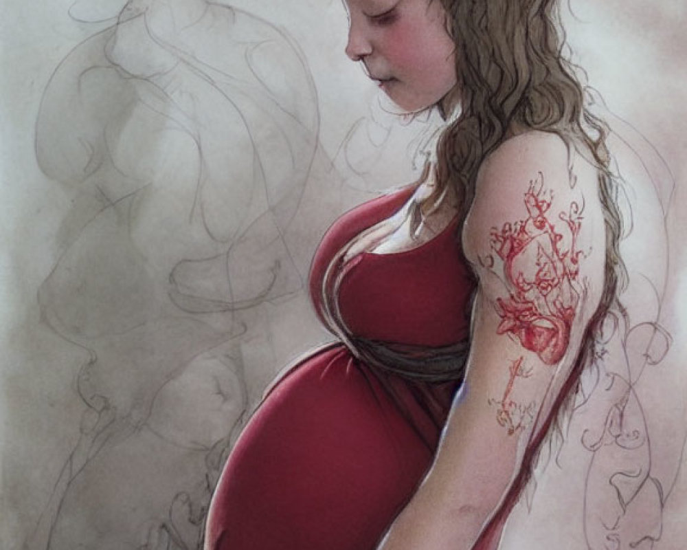 Illustration of pregnant woman in red dress with floral tattoo sleeve