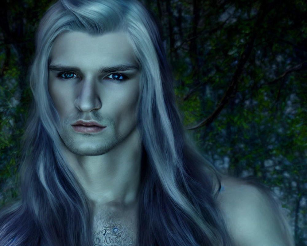 Fantasy Male Figure with Silver Hair and Tattoo in Mystical Forest