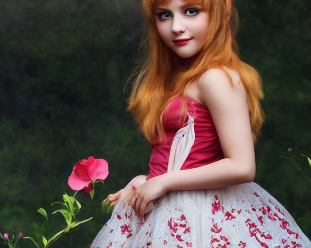 Red-haired woman in pink and white dress near flower in green environment