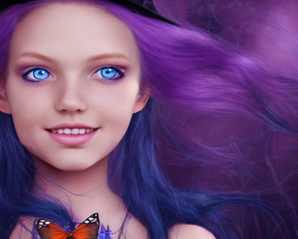 Smiling girl with purple hair and butterflies on purple background