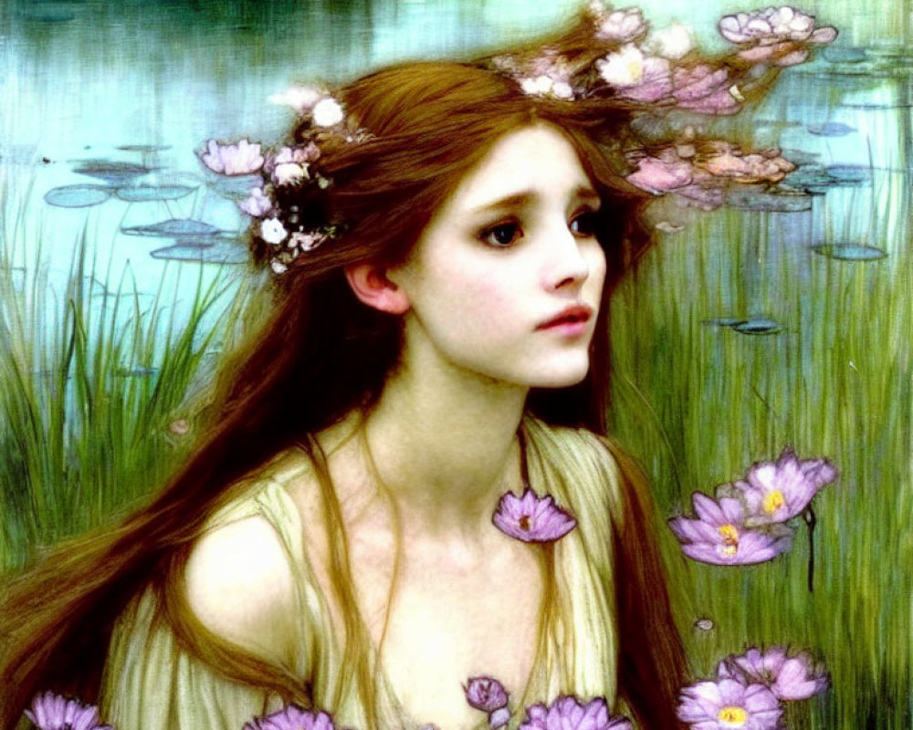 Portrait of Woman with Floral Crown by Pond with Purple Water Lilies