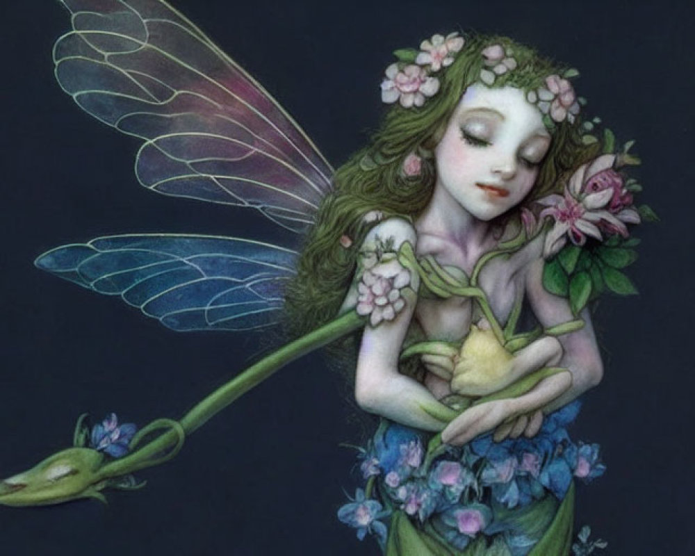 Fairy with flower-adorned wings hugging a rose on dark background