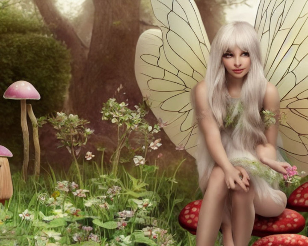 Whimsical fairy with translucent wings in enchanted forest scene