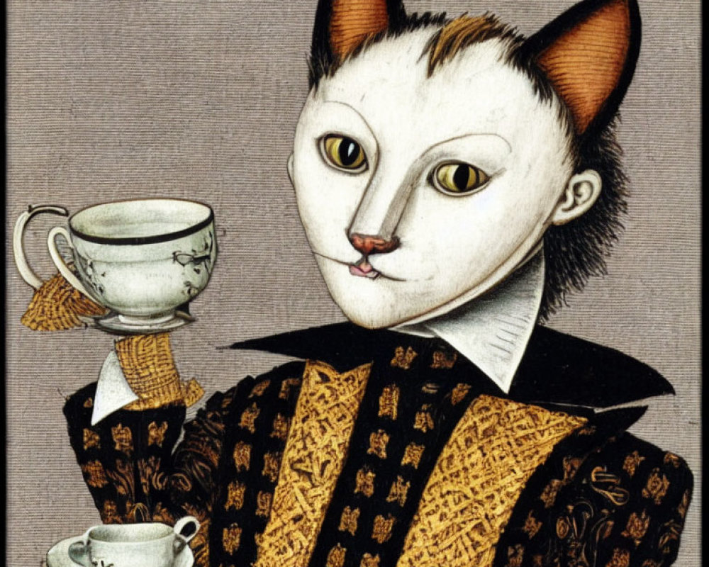 Humanoid cat in renaissance attire with teacup - white face, brown ears