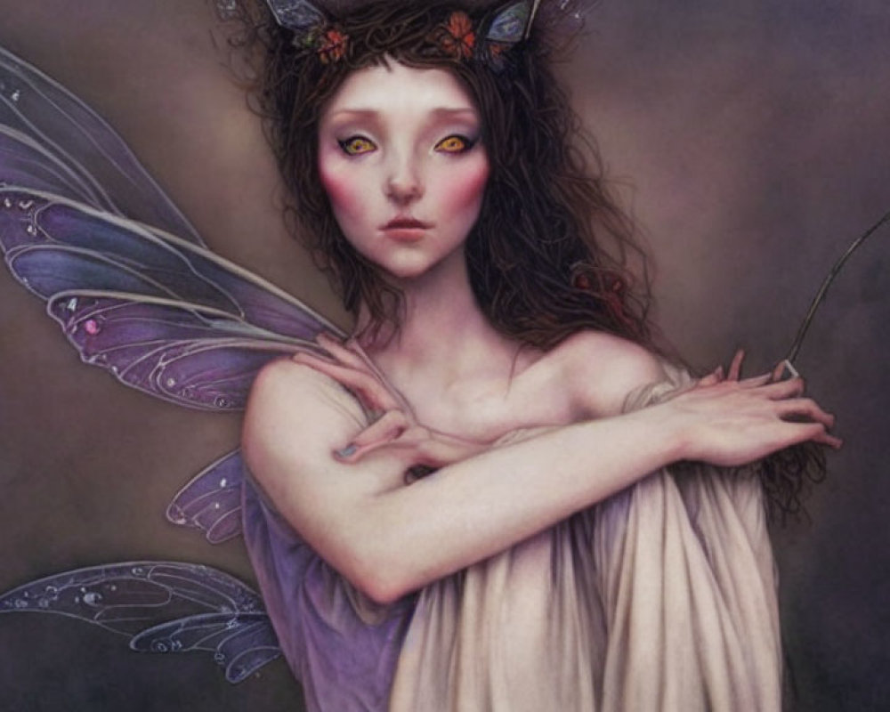 Mystical fairy with butterfly wings and floral crown