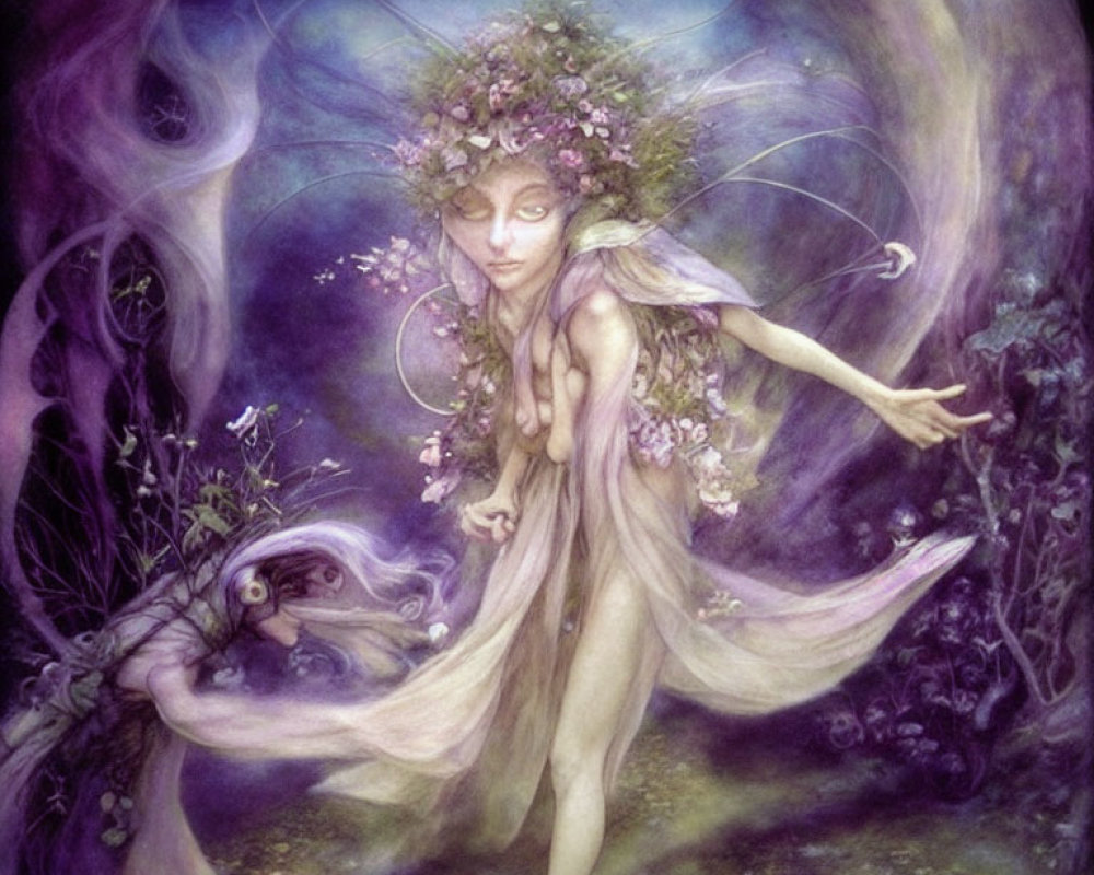 Whimsical fairy with floral crown in mystical forest.