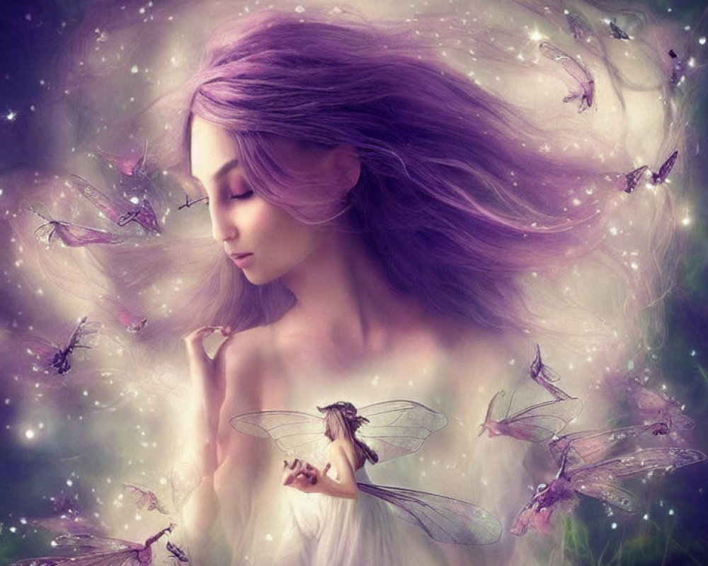 Artwork: Woman with Purple Hair and Fairy Dragonflies