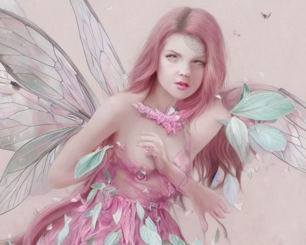 Whimsical fairy with pink hair, translucent wings, petal dress, surrounded by butterflies