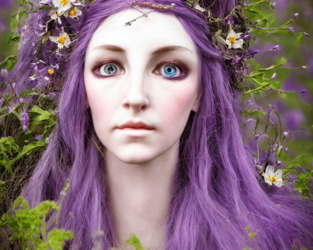 Portrait of a person with blue eyes, purple hair, and floral headdress surrounded by flowers.