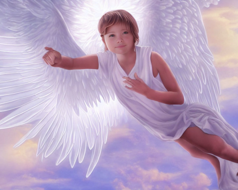 Digital painting of young child with angel wings in white robe gliding through colorful sky