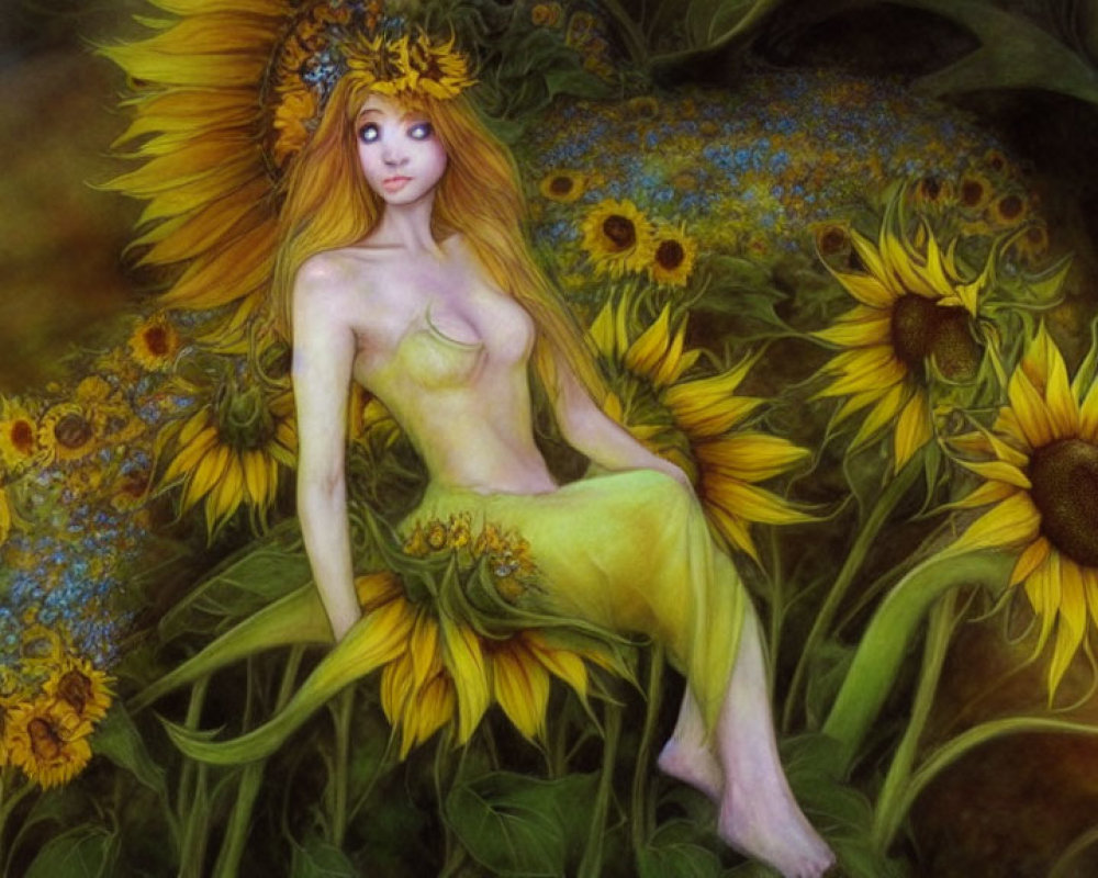 Illustrated female figure in sunflower-themed attire in magical sunflower field