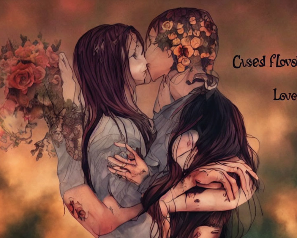 Autumn-themed animated characters kissing with floral decor and inscription.