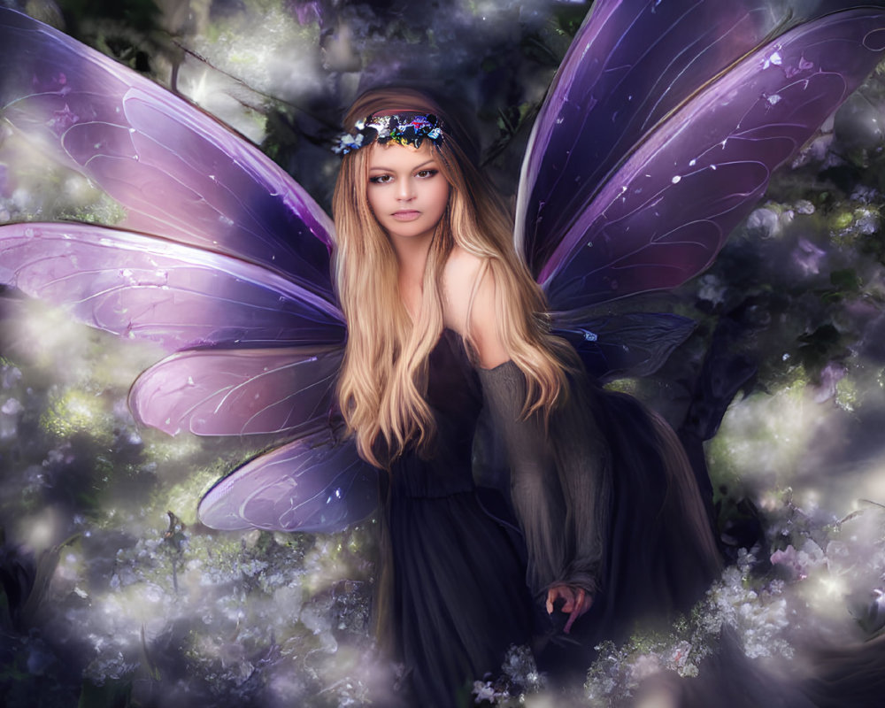 Fairy in mystical forest with purple wings and blooming flowers