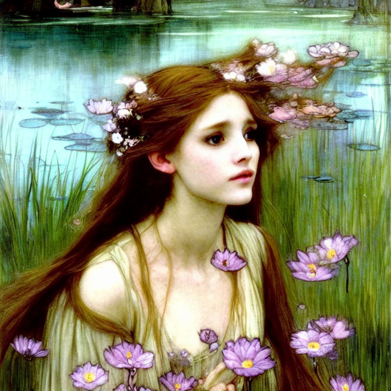 Portrait of Woman with Floral Crown by Pond with Purple Water Lilies