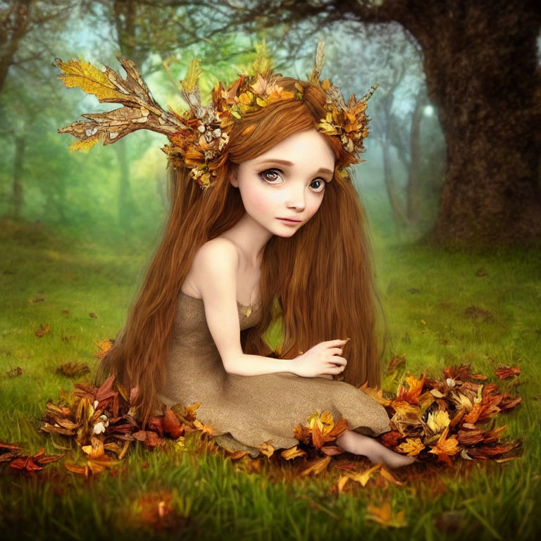 Illustration of girl with large eyes and autumn leaf-adorned hair in forest.