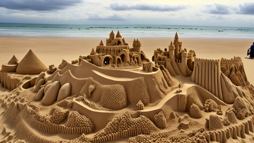 Detailed Sandcastle on Beach with Ocean View and Person Sitting in Background