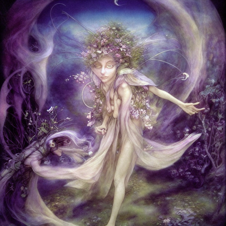 Whimsical fairy with floral crown in mystical forest.