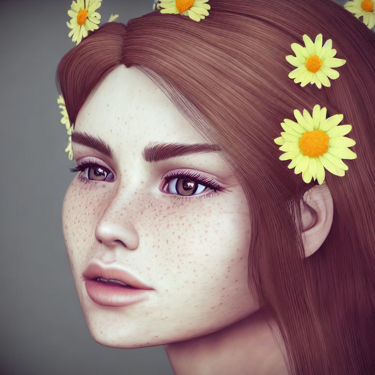 Portrait of young woman with freckles and daisy flowers in hair on gray background