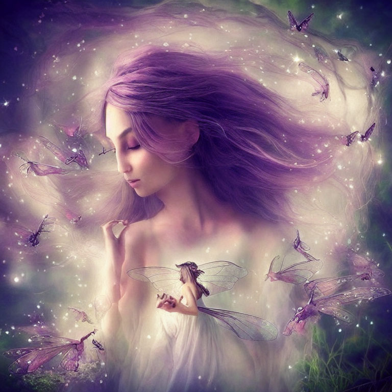 Artwork: Woman with Purple Hair and Fairy Dragonflies