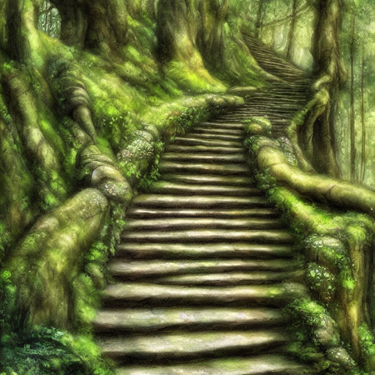 Ancient Stone Staircase Flanked by Gnarled Tree Roots in Lush Forest