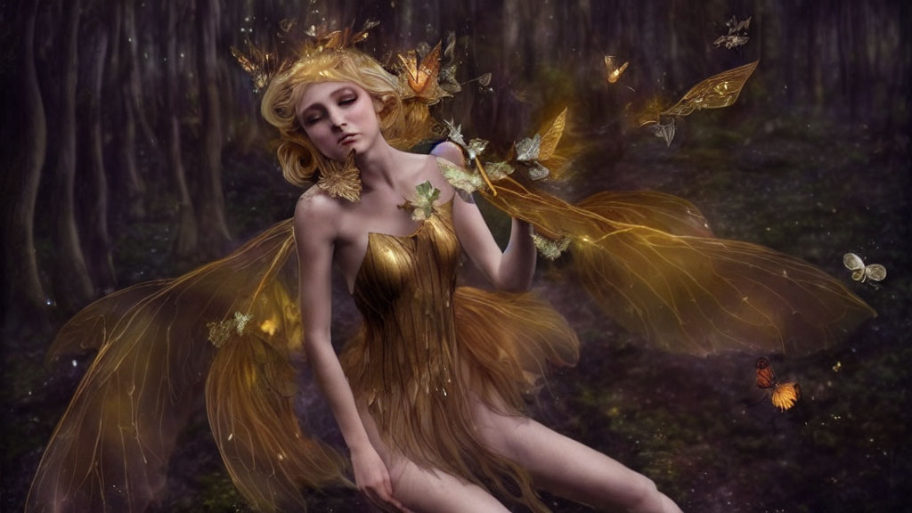 Fantasy image: Woman with butterfly wings in ethereal forest