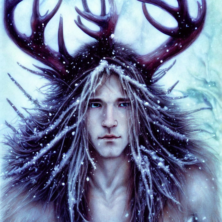 Intense-eyed person in elaborate antler headdress against snowy backdrop