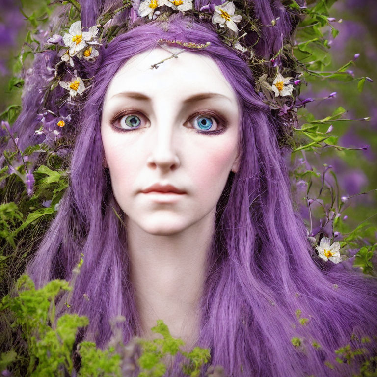 Portrait of a person with blue eyes, purple hair, and floral headdress surrounded by flowers.