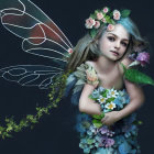 Fairy with flower-adorned wings hugging a rose on dark background