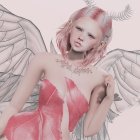 Whimsical fairy with pink hair, translucent wings, petal dress, surrounded by butterflies