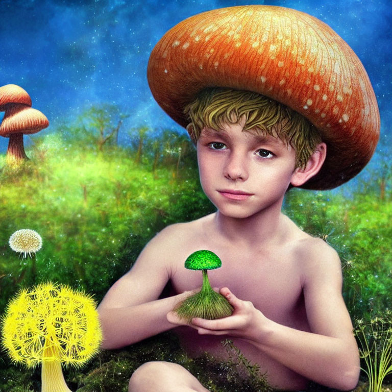 Boy with Mushroom Cap Hat in Fantasy Meadow with Giant Dandelions