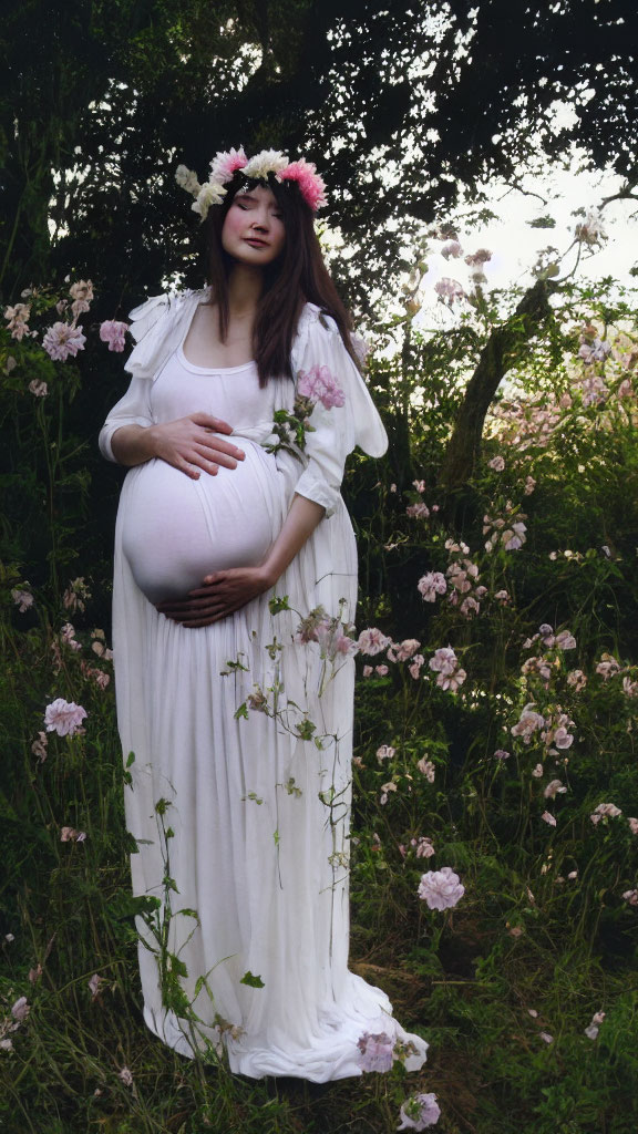 Pregnant woman in white dress with floral crown among wildflowers