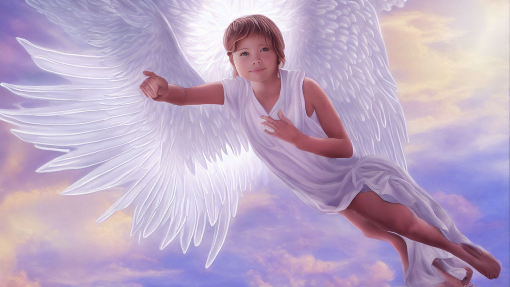 Digital painting of young child with angel wings in white robe gliding through colorful sky