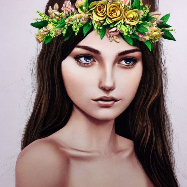 Detailed digital portrait of a woman with floral headband and subtle smile